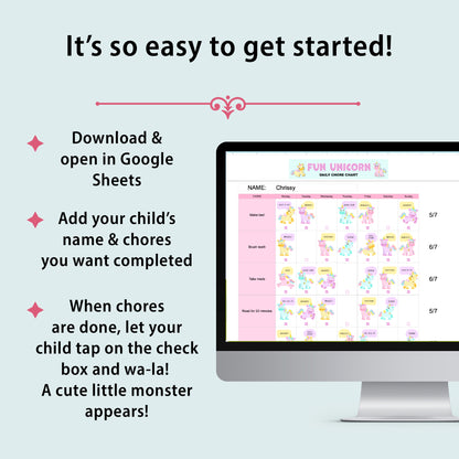 Unicorn Chore Chart Spreadsheet for Kids