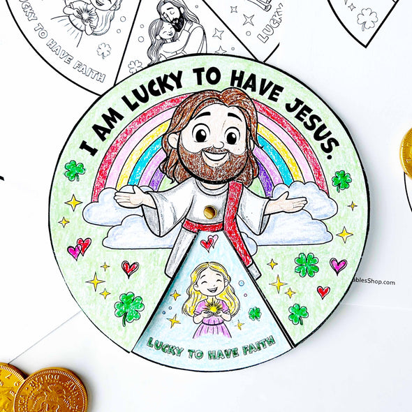 Lucky To Have Jesus St Patrick's Day Craft - Printable St. Patrick's Day Bible Coloring Wheel - Christian Kids Craft-Sunday School Activity