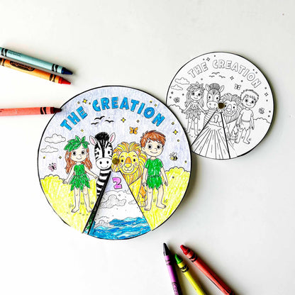 Creation Activity Wheel, Kids Bible Lesson Craft, Sunday School Coloring Wheel, Fun Bible Activity for Children, 7 Days of Creation