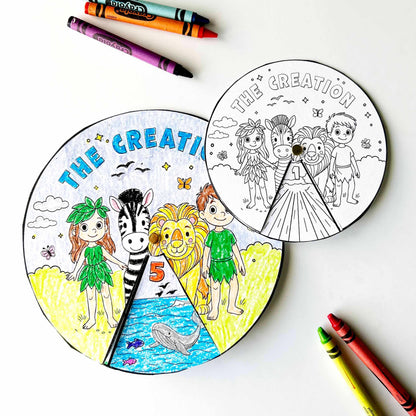 Creation Activity Wheel, Kids Bible Lesson Craft, Sunday School Coloring Wheel, Fun Bible Activity for Children, 7 Days of Creation