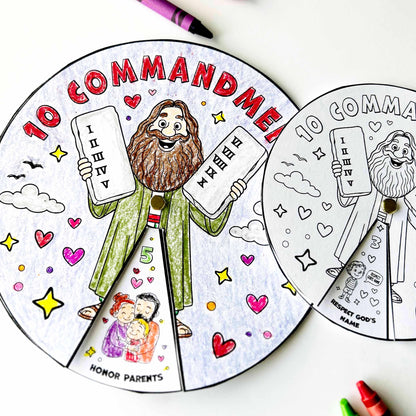 10 Commandments Coloring Wheel, Printable Bible Activity for Kids, Sunday School Craft, Christian Learning Tool, Moses Educational Game