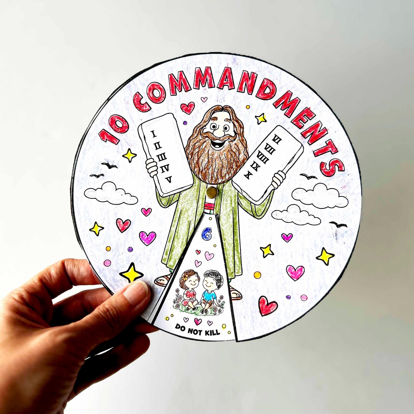 10 Commandments Coloring Wheel, Printable Bible Activity for Kids, Sunday School Craft, Christian Learning Tool, Moses Educational Game