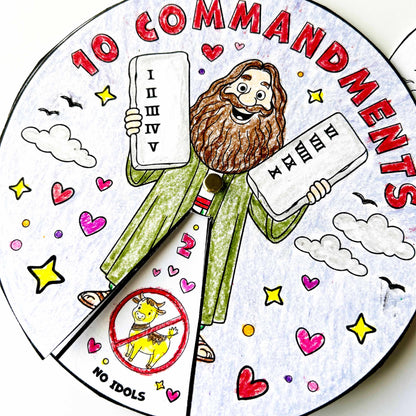 10 Commandments Coloring Wheel, Printable Bible Activity for Kids, Sunday School Craft, Christian Learning Tool, Moses Educational Game