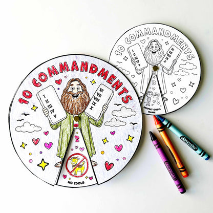 10 Commandments Coloring Wheel, Printable Bible Activity for Kids, Sunday School Craft, Christian Learning Tool, Moses Educational Game