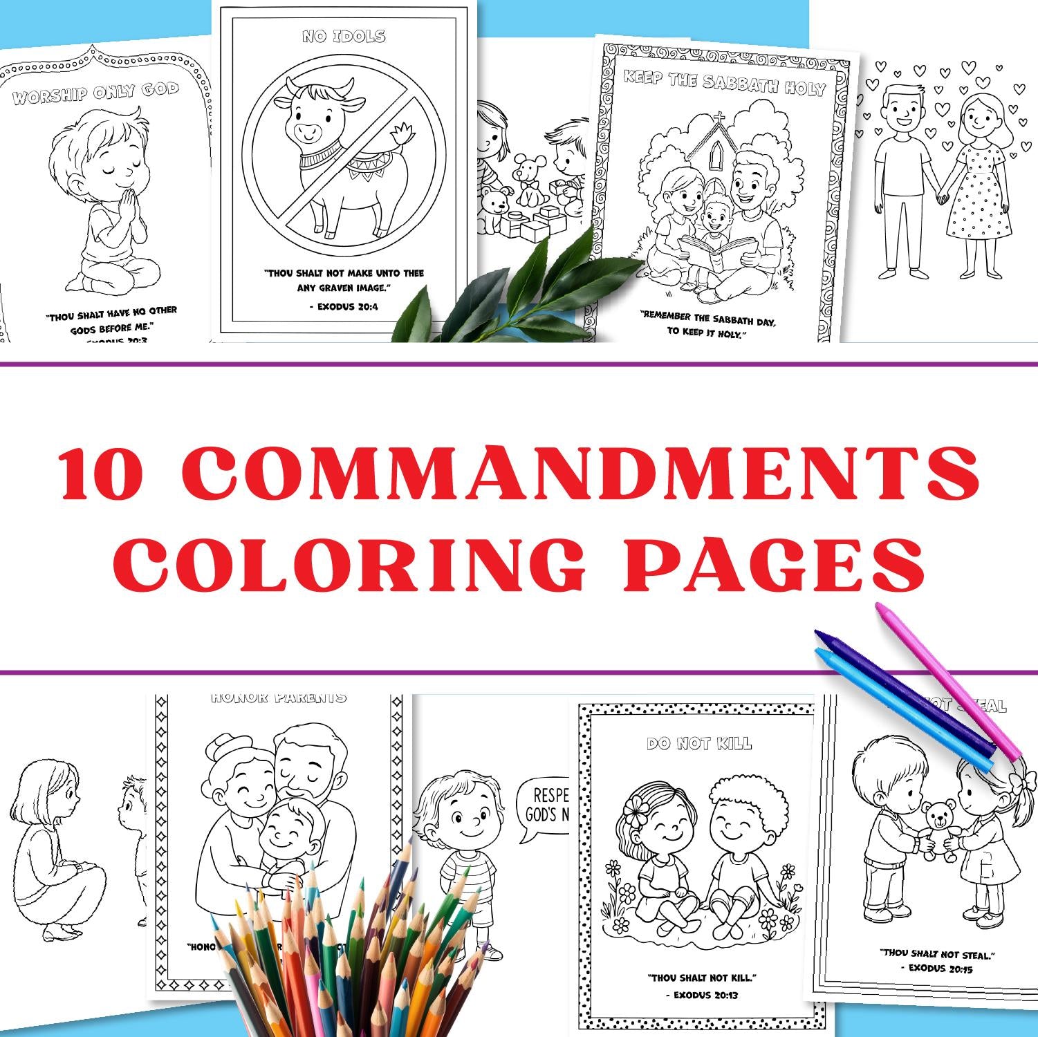 10 Commandments Coloring Pages for Kids, Printable Bible Activity Sheets, Sunday School Crafts, Fun Learning, Personal and Commercial Use