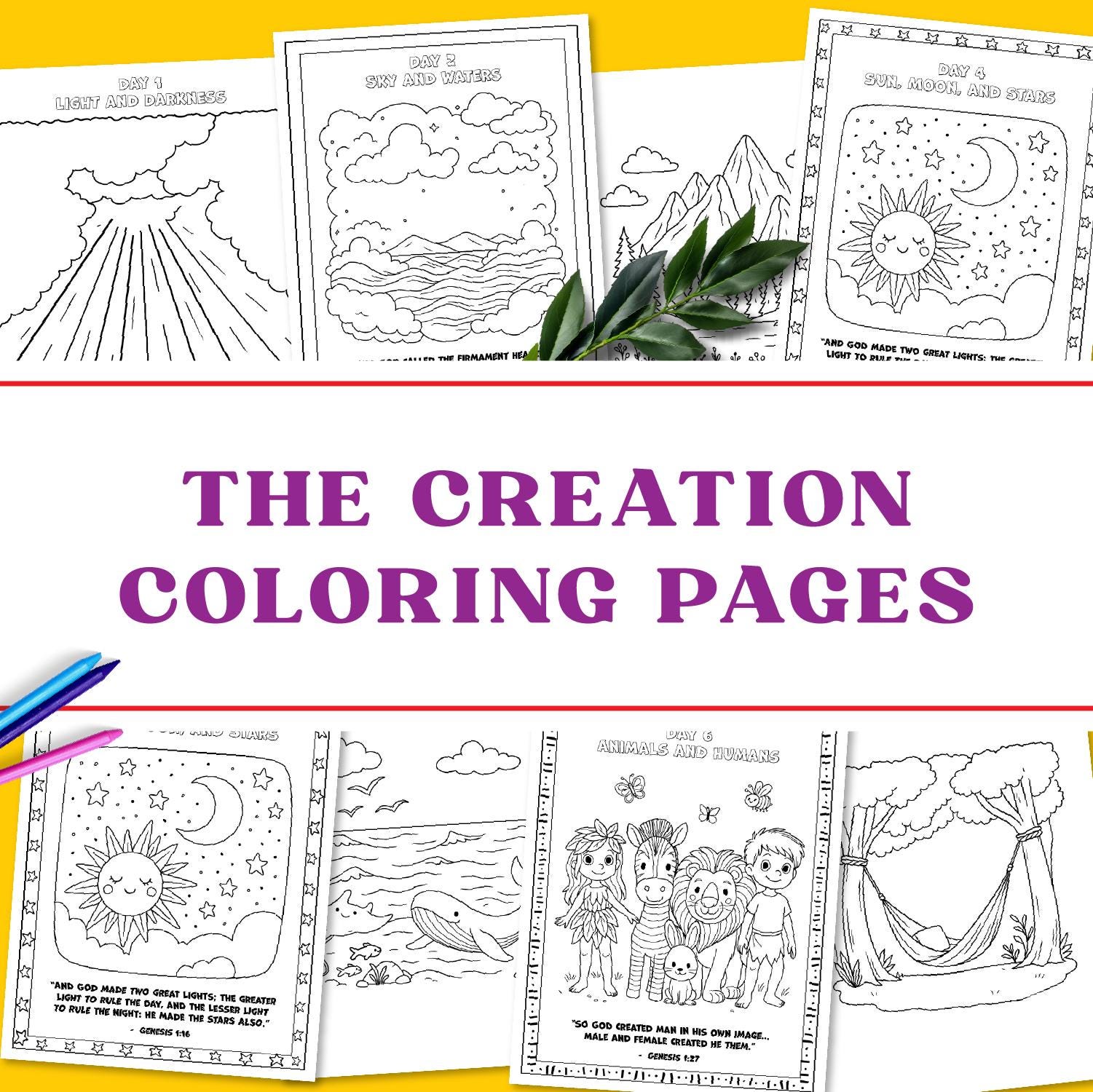 7 Days of Creation Bible Craft, Kids Coloring Pages, Sunday School Activities, Printable Homeschool Resources, Personal and Commercial Use