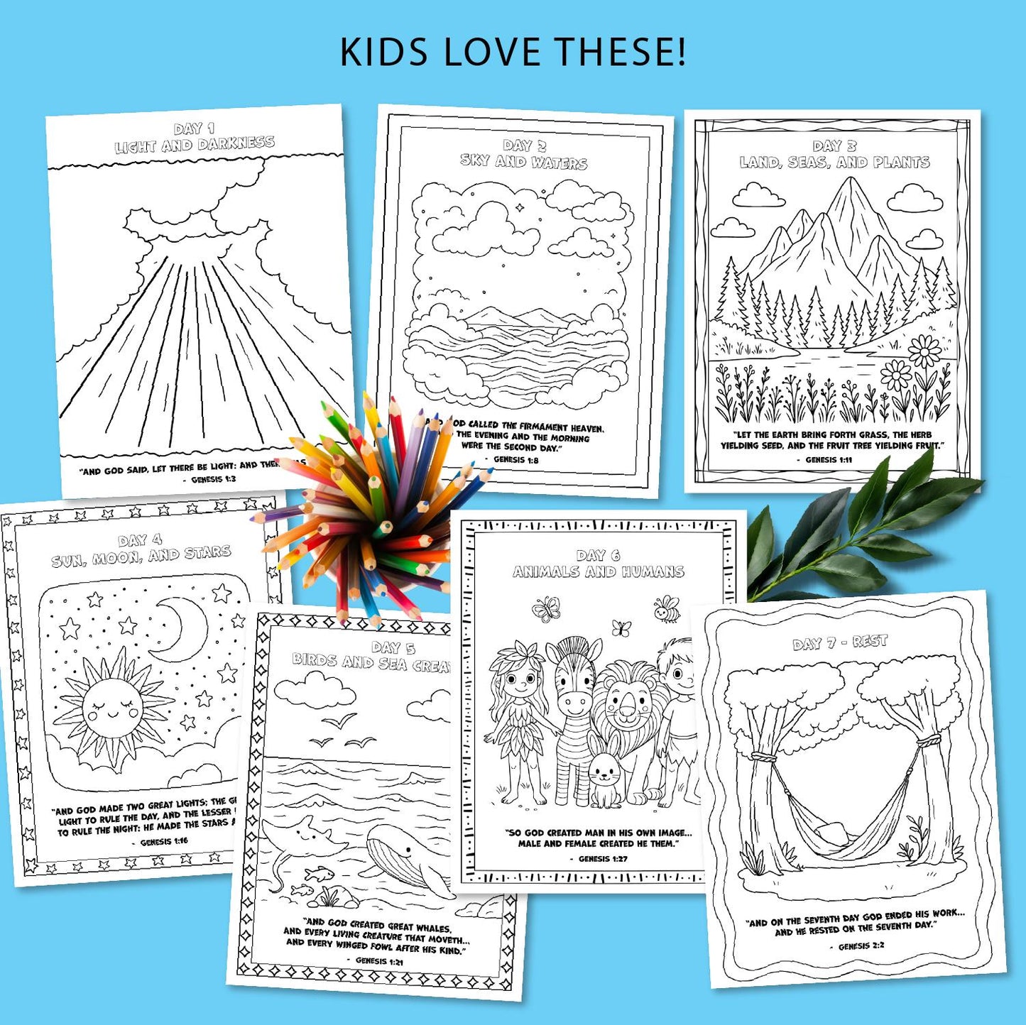 7 Days of Creation Bible Craft, Kids Coloring Pages, Sunday School Activities, Printable Homeschool Resources, Personal and Commercial Use