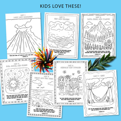 7 Days of Creation Bible Craft, Kids Coloring Pages, Sunday School Activities, Printable Homeschool Resources, Personal and Commercial Use