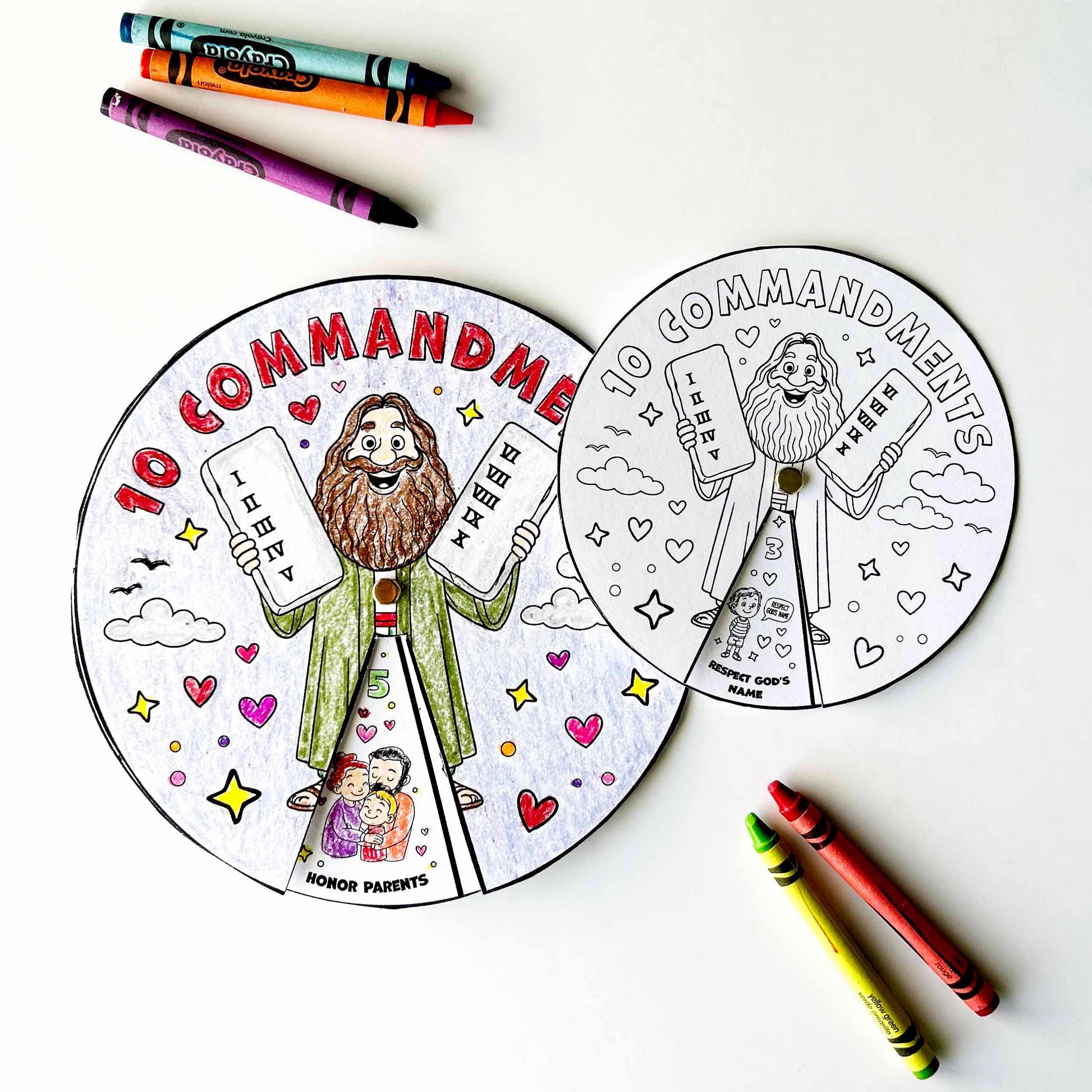 10 Commandments Coloring Wheel, Printable Bible Activity for Kids, Sunday School Craft, Christian Learning Tool, Moses Educational Game