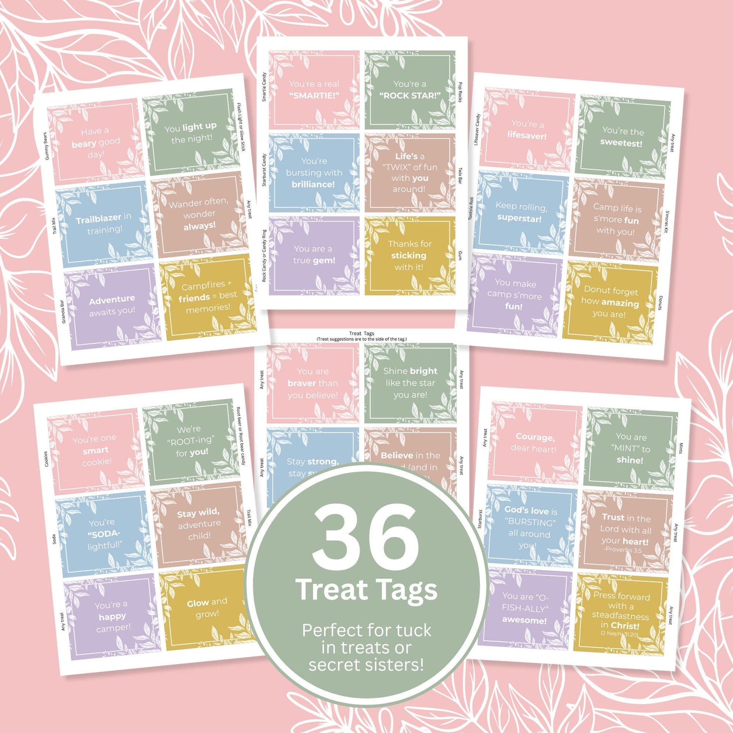 LDS Girls Camp Treat Tags, Printable Gift Tags, Pillow Treats, Tuck in Treats, Secret Sister Gifts, YW Ideas