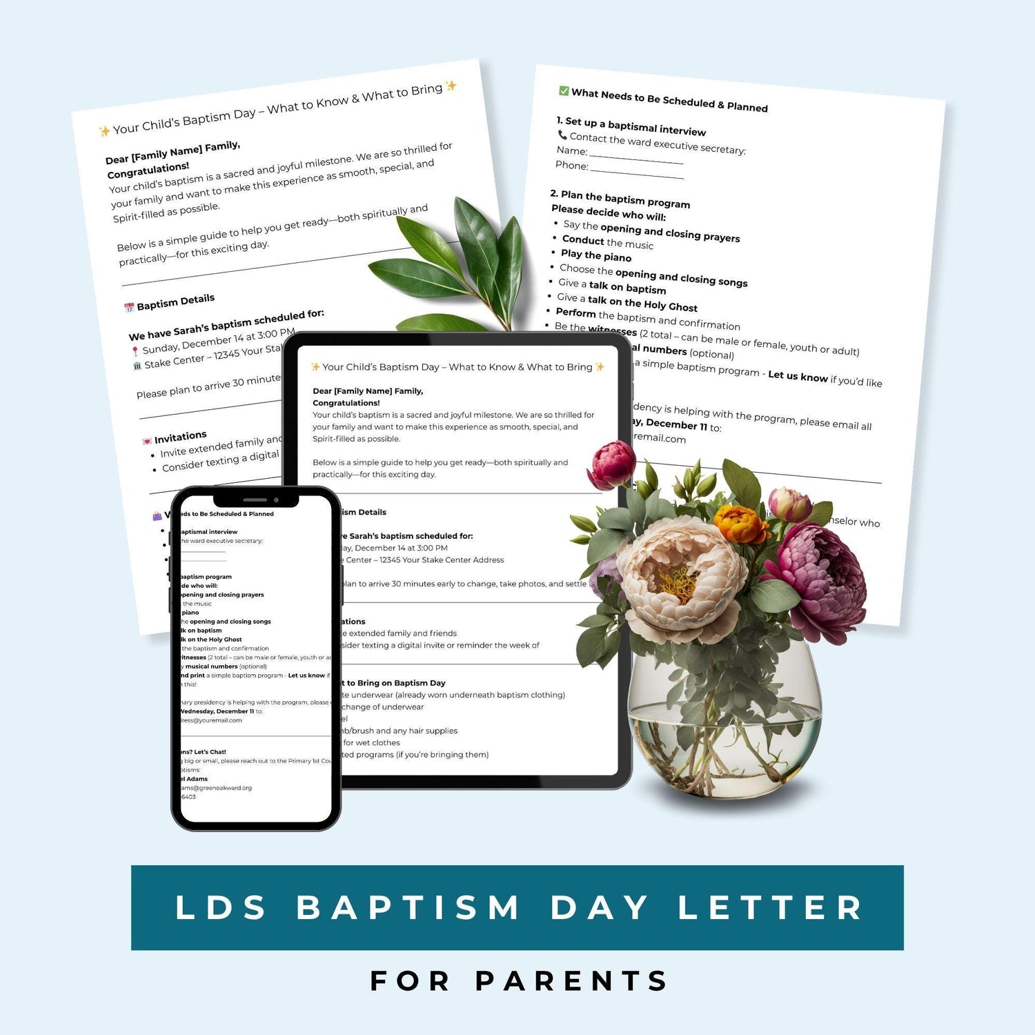 LDS Baptism Day Parent Letter | Printable Baptism Checklist & Program Planner | Primary Presidency Gift | LDS Baptism Prep Guide | Editable