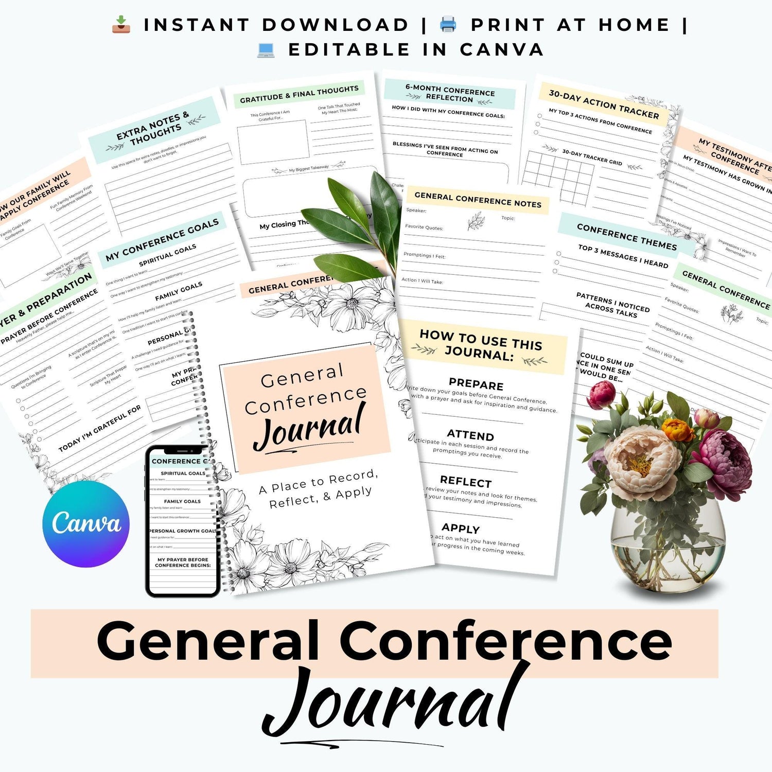 LDS General Conference Journal: LDS Study Guide, Editable With Canva (Instant Download)