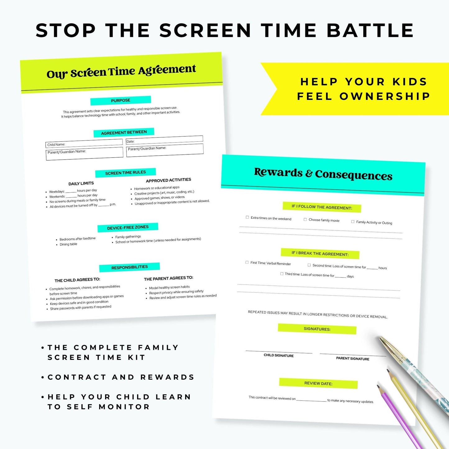 Screen Time Contract For Kids, Kid-Friendly Cell Phone Agreement, Parent-Teen Usage Rules, Monitor Smartphone Time (PDF)