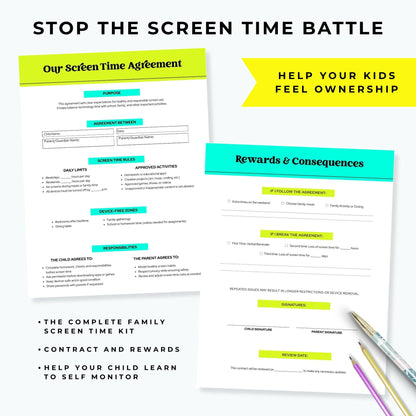 Screen Time Contract For Kids, Kid-Friendly Cell Phone Agreement, Parent-Teen Usage Rules, Monitor Smartphone Time (PDF)
