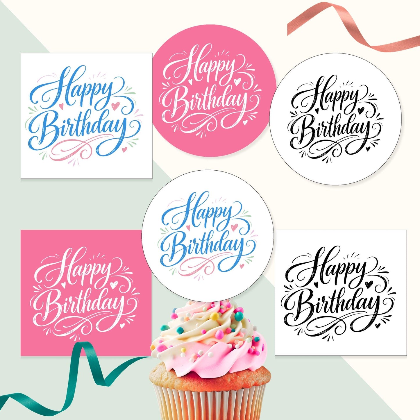Happy Birthday tags in pink and blue, black and white! Comes in circle and square images. Perfect for any birthday! Calligraphy style in fun colors