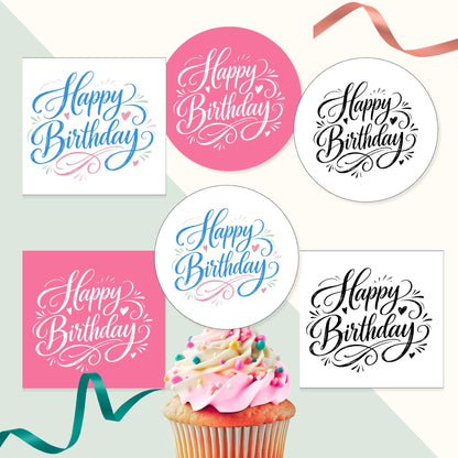 Happy Birthday tags in pink and blue, black and white! Comes in circle and square images. Perfect for any birthday! Calligraphy style in fun colors