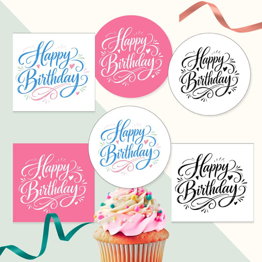 Happy Birthday tags in pink and blue, black and white! Comes in circle and square images. Perfect for any birthday! Calligraphy style in fun colors