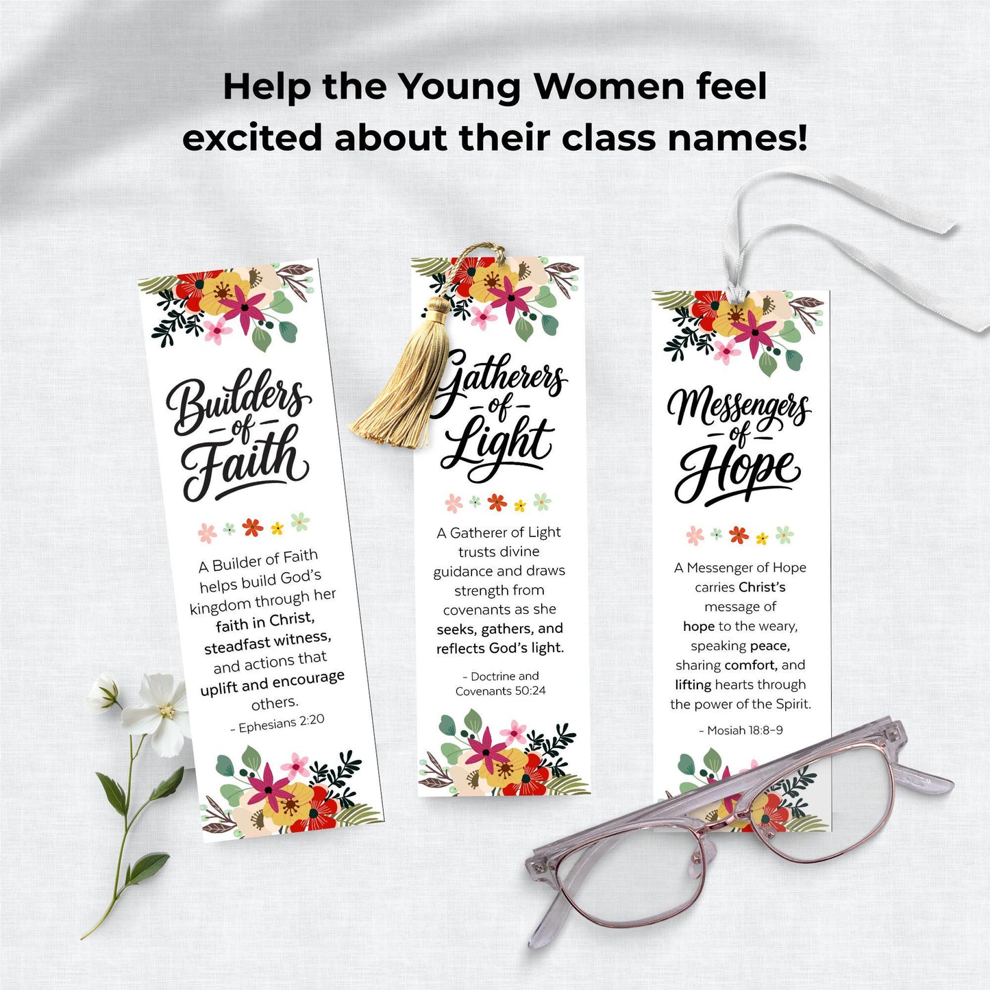 Set of LDS Young Women theme bookmarks printable 2026 including Builders of Faith Messengers of Hope Gatherers of Light designs