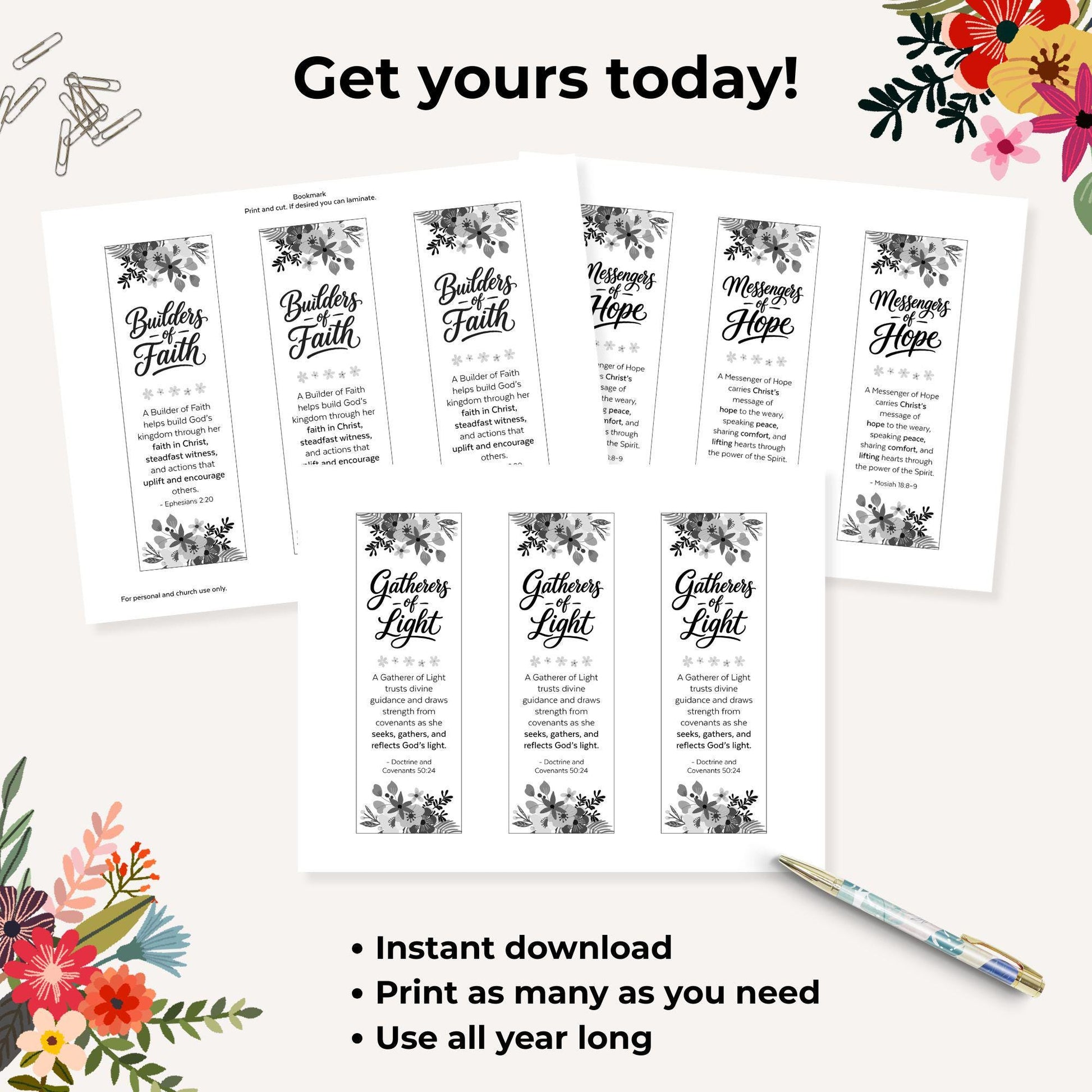 NEW Young Women's Names Bookmarks | LDS YW Class Names | Instant Download | Builders of Faith Messengers of Hope Gatherers of Light
