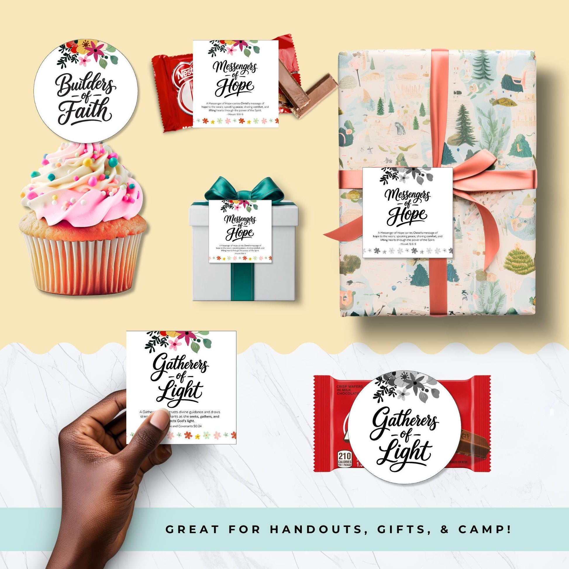 Young Women 2026 LDS printable tags and bookmarks used on cupcake topper, gift wrap, and candy bar for girls camp and YW handouts