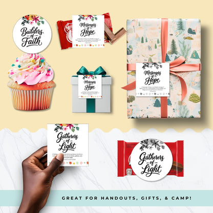 Young Women 2026 LDS printable tags and bookmarks used on cupcake topper, gift wrap, and candy bar for girls camp and YW handouts
