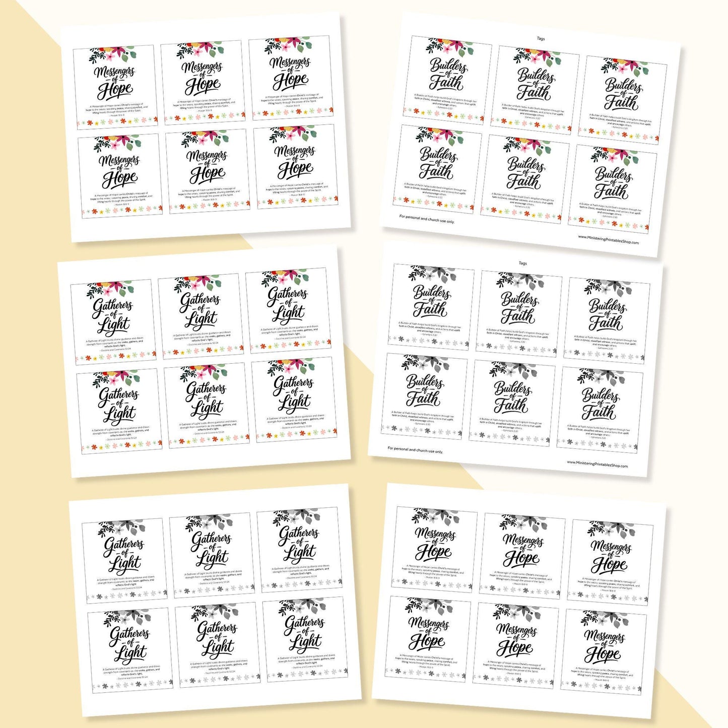 LDS Young Women printable sheets with Builders of Faith Messengers of Hope and Gatherers of Light tags in color and black and white