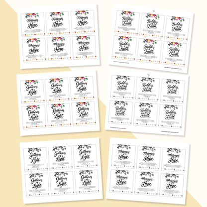 LDS Young Women printable sheets with Builders of Faith Messengers of Hope and Gatherers of Light tags in color and black and white
