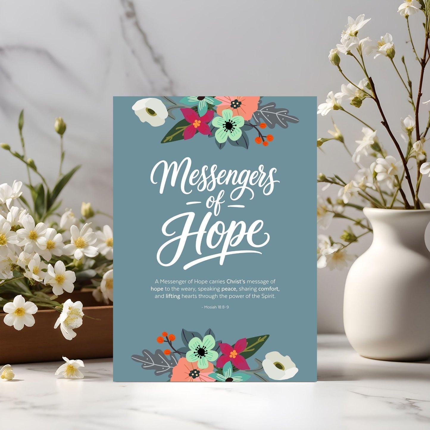 Messengers of Hope LDS printable wall art with floral design and scripture quote for Young Women 2026 decor