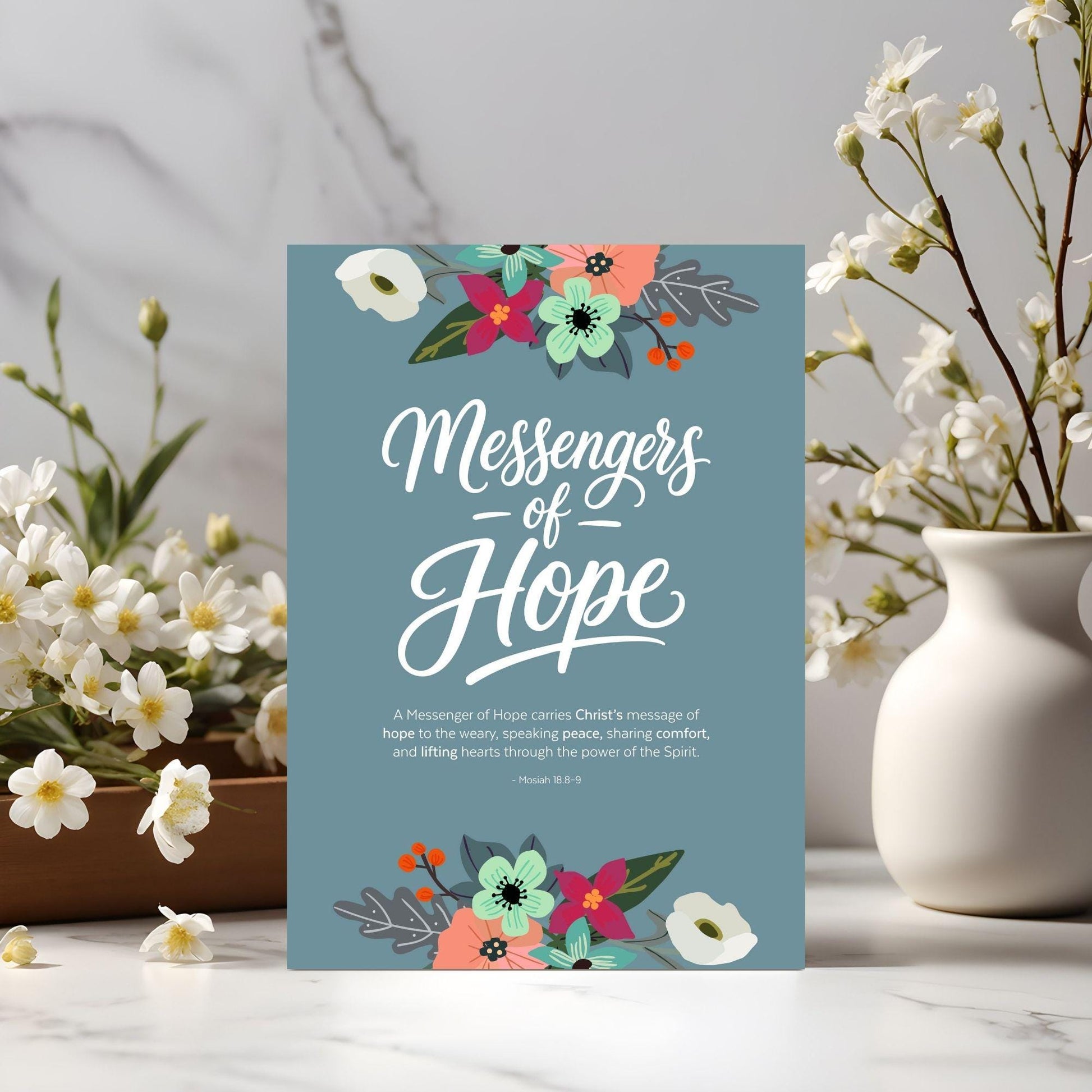Messengers of Hope LDS printable wall art with floral design and scripture quote for Young Women 2026 decor