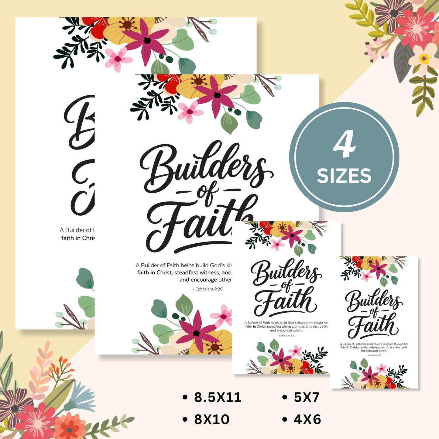 Printable LDS wall art sizes included 8.5x11 8x10 5x7 4x6 Young Women 2026 posters for easy home printing