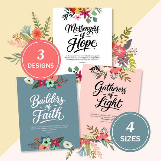 LDS Young Women 2026 printable wall art set with Builders of Faith Messengers of Hope Gatherers of Light in multiple sizes