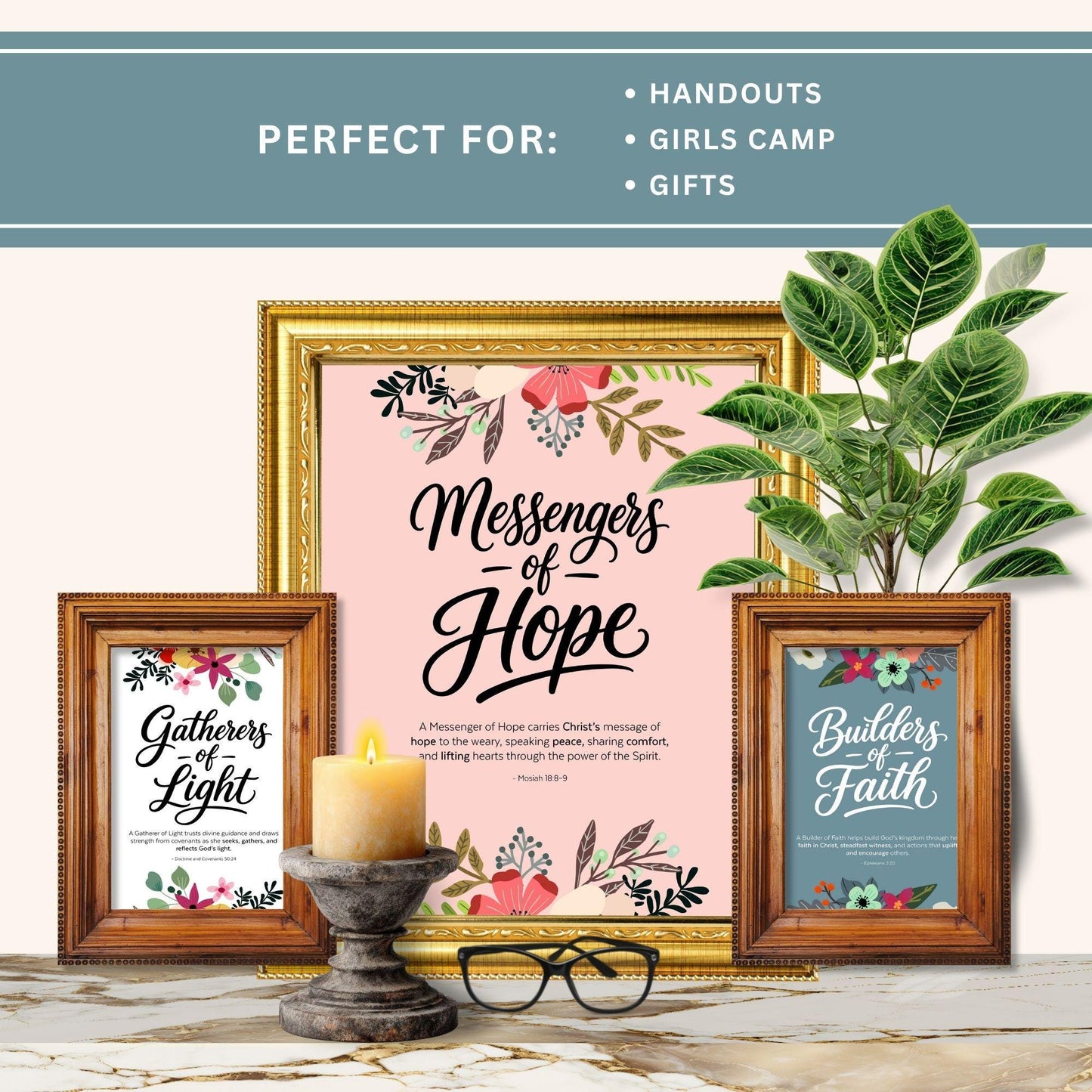 LDS Young Women wall art in frames showing Builders of Faith Messengers of Hope Gatherers of Light Christian decor set