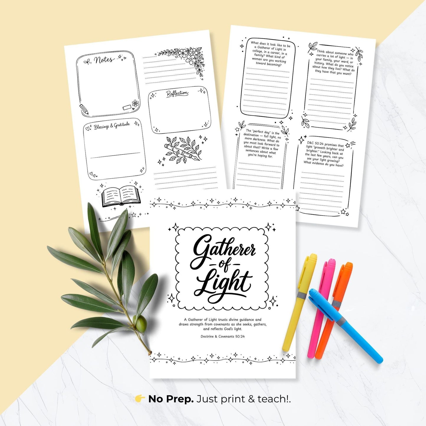 Gatherer of Light LDS Young Women printable workbook pages with reflection prompts and no prep lesson activity sheets