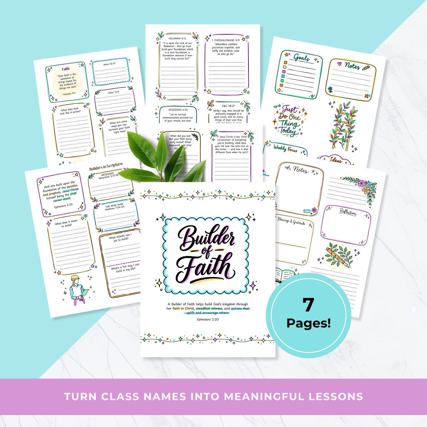 LDS Builder of Faith printable workbook cover for Young Women with colorful lettering and Ephesians 2:20 scripture quote and pages