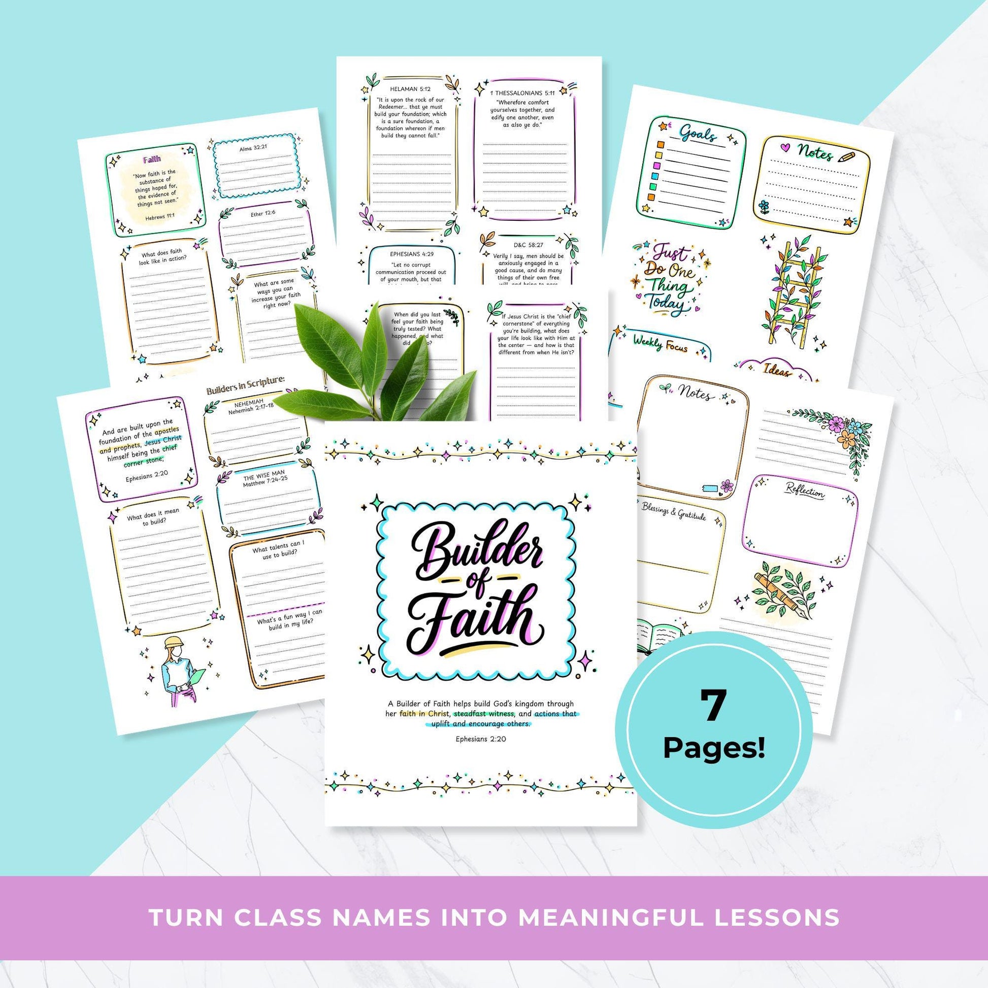 LDS Builder of Faith printable workbook cover for Young Women with colorful lettering and Ephesians 2:20 scripture quote and pages