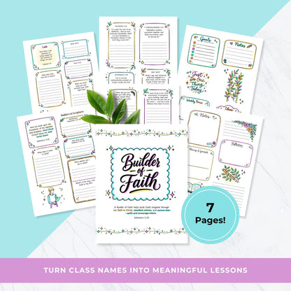 LDS Builder of Faith printable workbook cover for Young Women with colorful lettering and Ephesians 2:20 scripture quote and pages