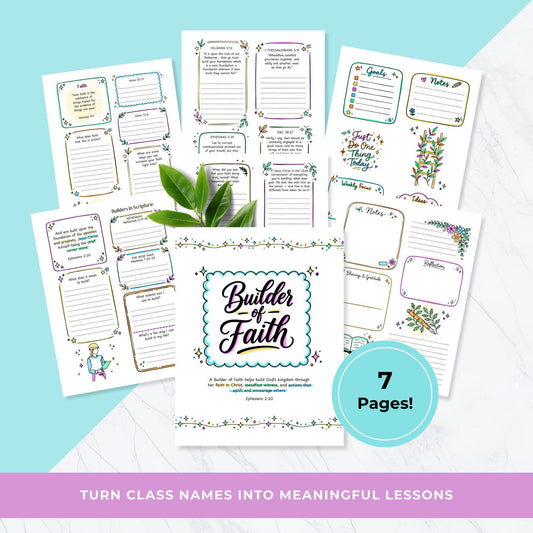 LDS Builder of Faith printable workbook cover for Young Women with colorful lettering and Ephesians 2:20 scripture quote and pages