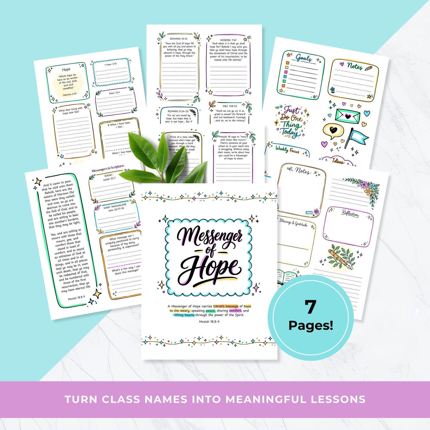 Messenger of Hope LDS printable workbook pages, Young Women class name study guide, scripture journaling prompts, teen girls church activity, Come Follow Me youth printable, engaging lesson worksheets