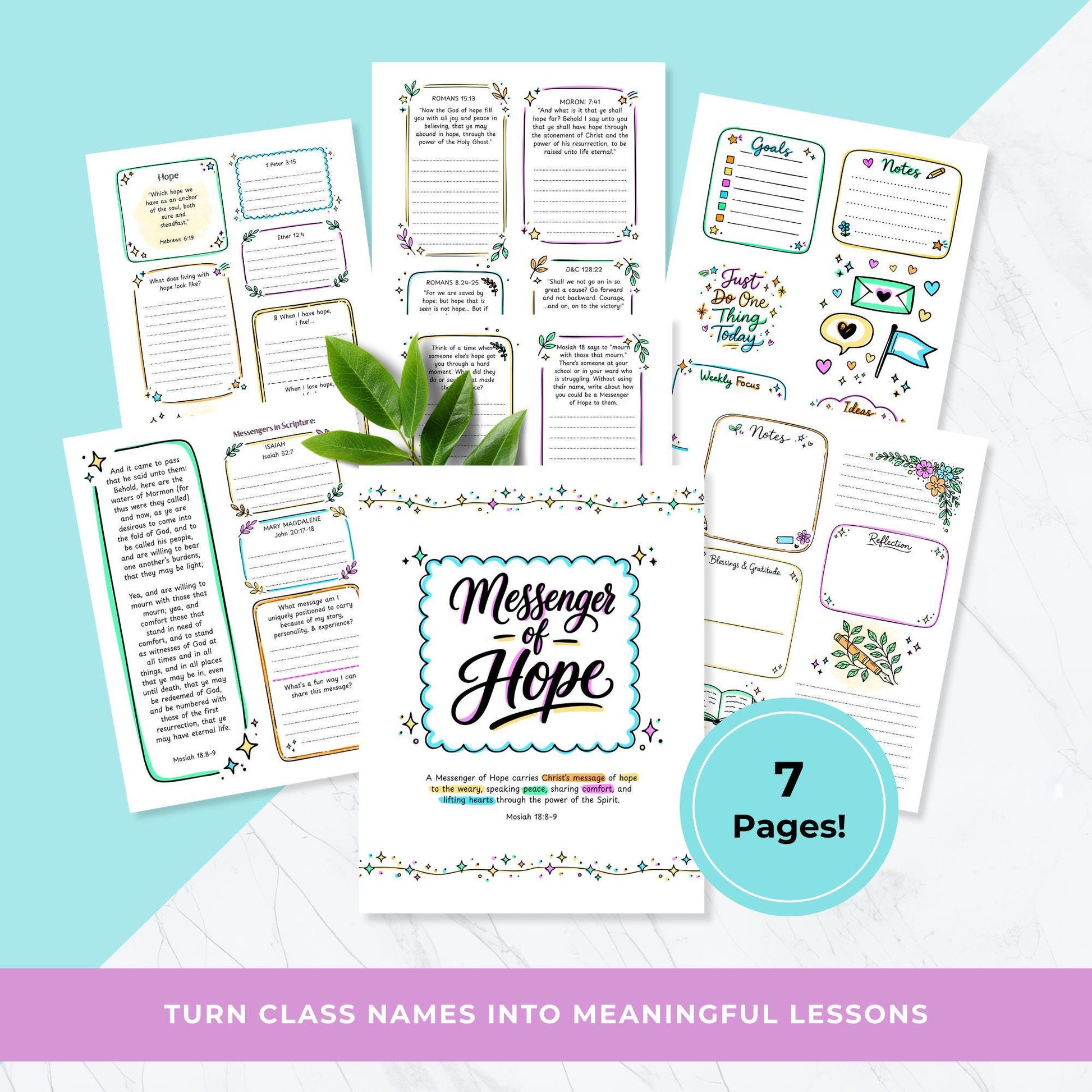 Messenger of Hope LDS printable workbook pages, Young Women class name study guide, scripture journaling prompts, teen girls church activity, Come Follow Me youth printable, engaging lesson worksheets