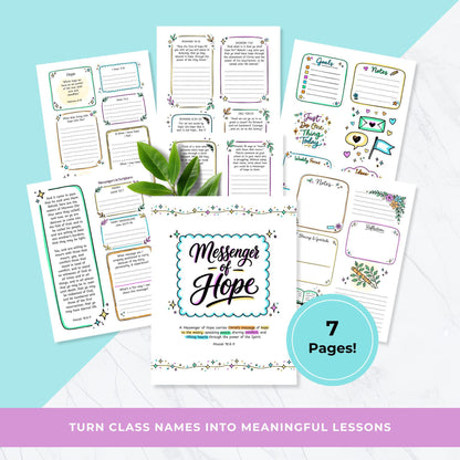 Messenger of Hope LDS printable workbook pages, Young Women class name study guide, scripture journaling prompts, teen girls church activity, Come Follow Me youth printable, engaging lesson worksheets