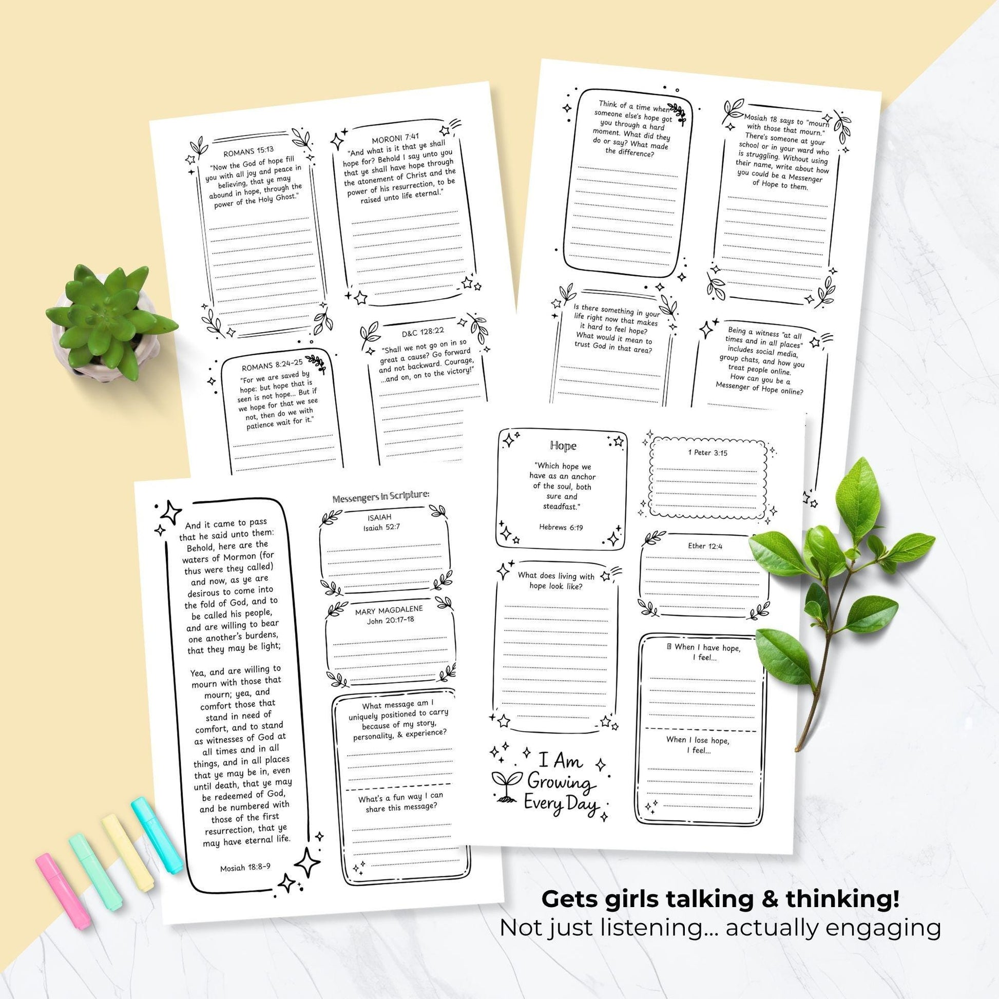 LDS Young Women printable worksheet set, Messenger of Hope study guide, black and white doodle journal pages, interactive church lesson for teen girls, scripture reflection activity pages