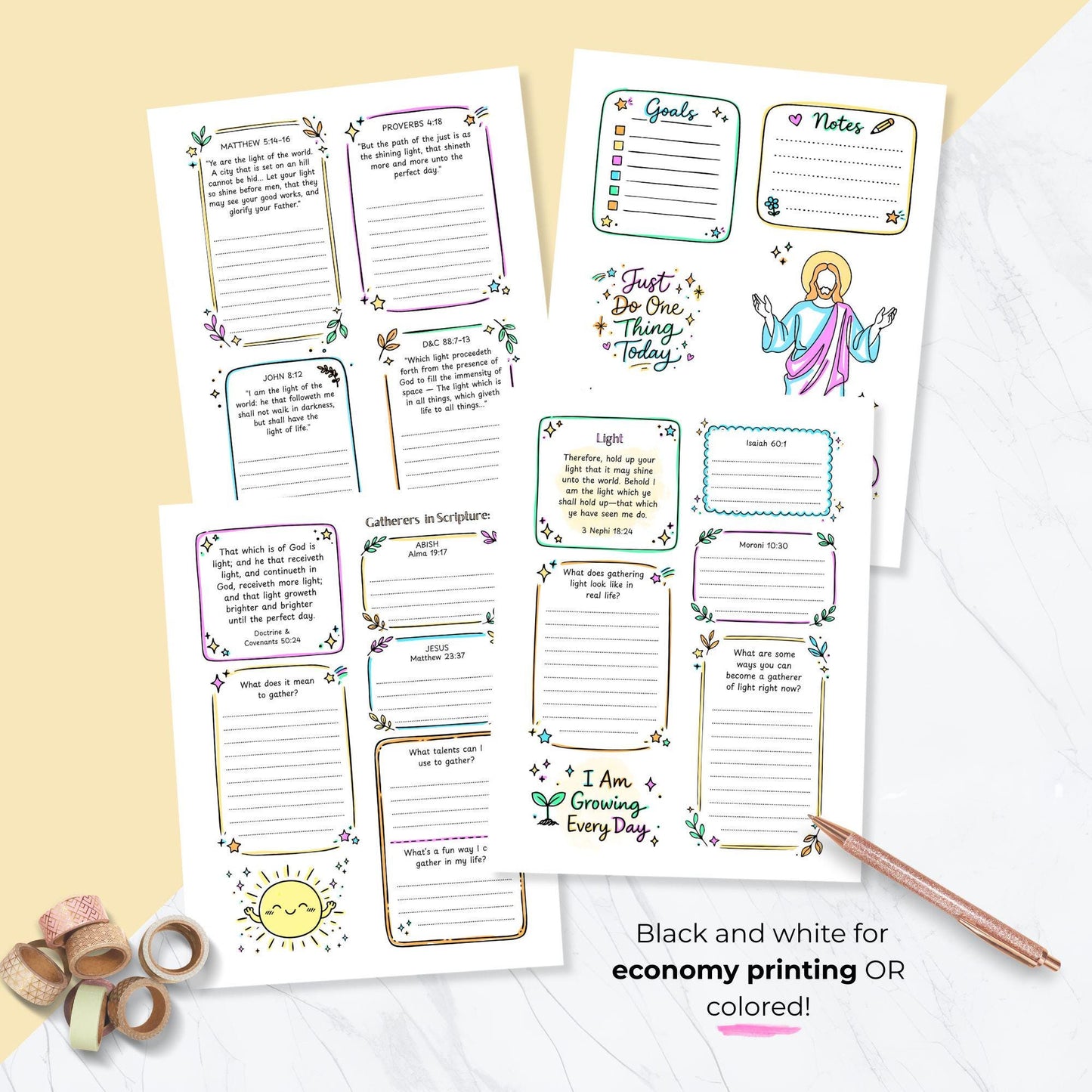 Gatherer of Light printable workbook color and black white versions, LDS Young Women lesson, economical printing option, teen girls church activity pages, scripture study journal printable