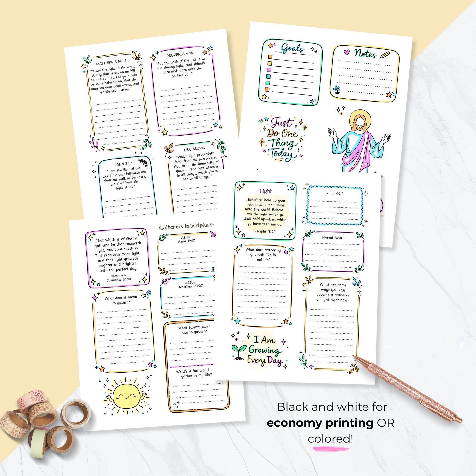 Gatherer of Light printable workbook color and black white versions, LDS Young Women lesson, economical printing option, teen girls church activity pages, scripture study journal printable