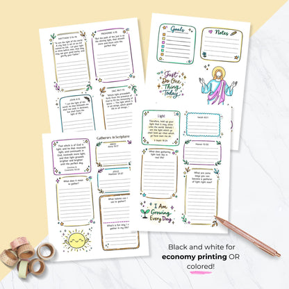 Gatherer of Light printable workbook color and black white versions, LDS Young Women lesson, economical printing option, teen girls church activity pages, scripture study journal printable