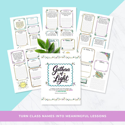 Gatherer of Light LDS printable cover page, Young Women doodle workbook, Doctrine and Covenants 50:24, teen girls church activity printable, cute colorful gospel journal pages