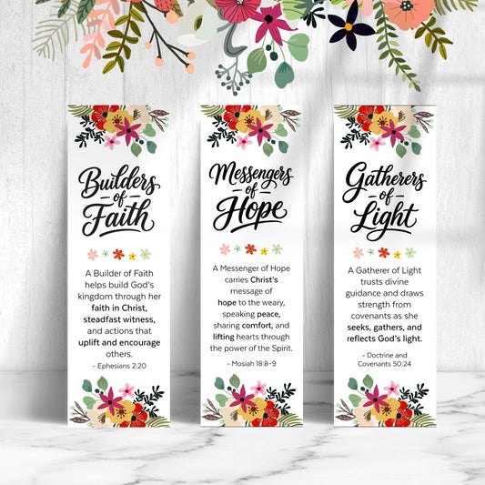 LDS Young Women 2026 printable bookmarks featuring Builders of Faith floral design with scripture quote for girls church handout