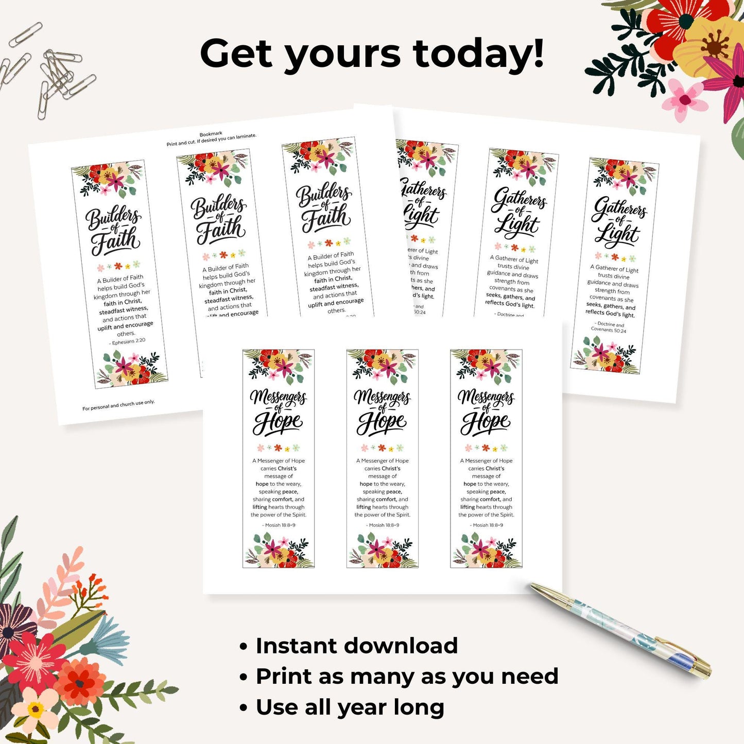 Printable church bookmarks for girls camp or Young Women class with inspirational quotes and soft floral artwork