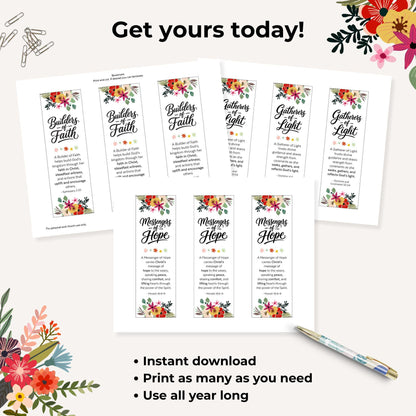Printable church bookmarks for girls camp or Young Women class with inspirational quotes and soft floral artwork