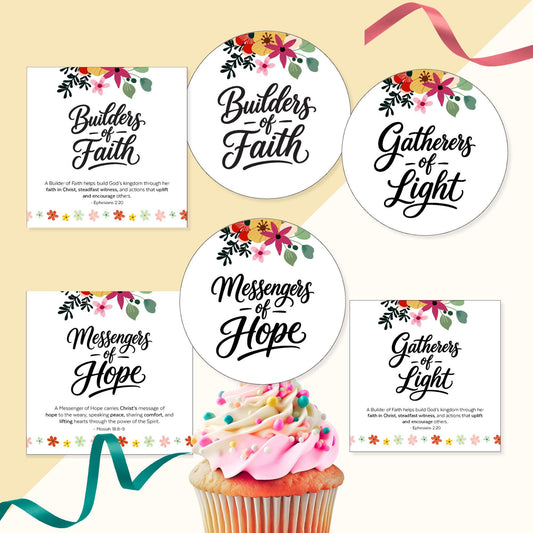 LDS Young Women 2026 printable gift tags with Builders of Faith design on gift box and Gatherers of Light circle tag for YW gifts