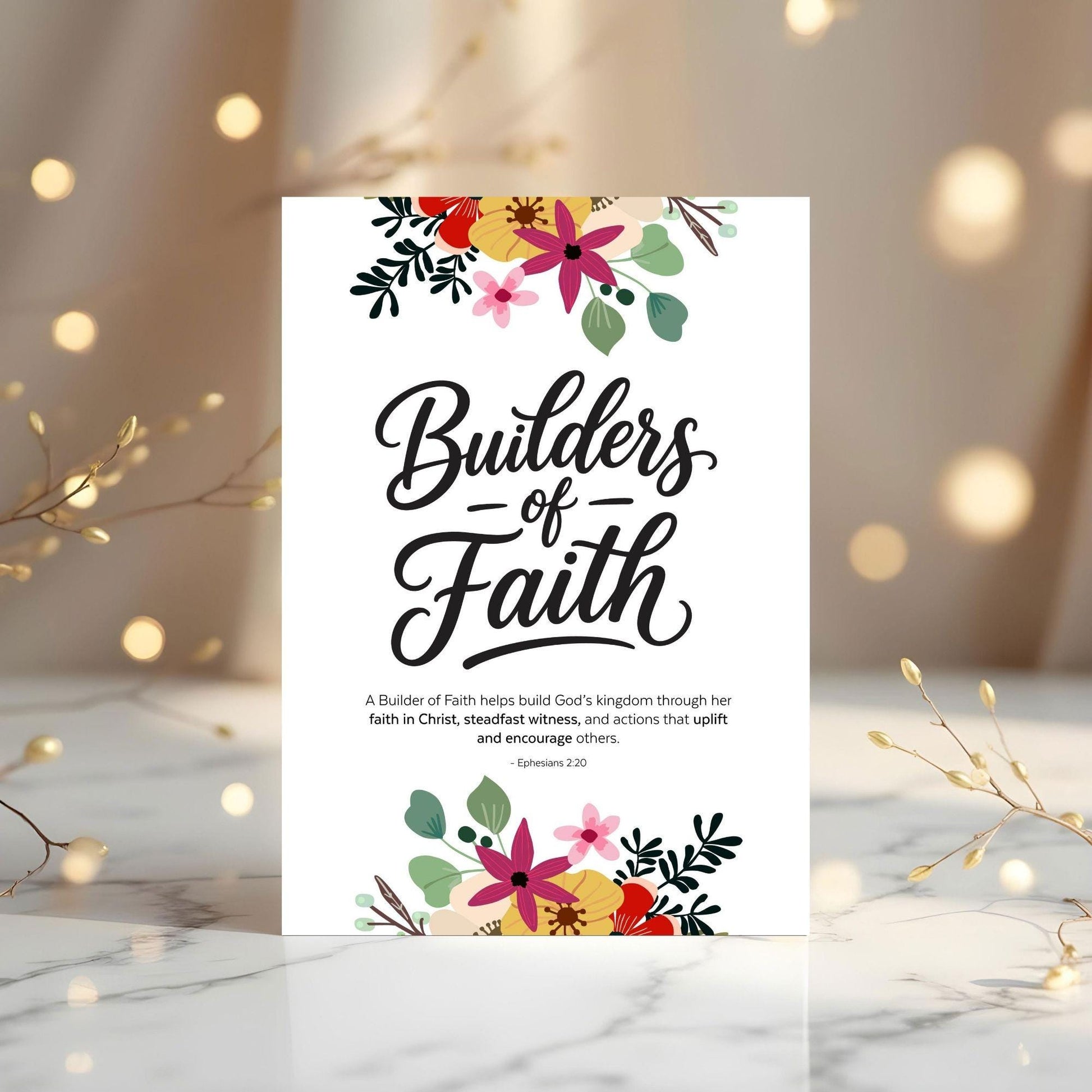 Builders of Faith LDS Young Women printable poster with floral artwork and Ephesians scripture for Christian wall decor